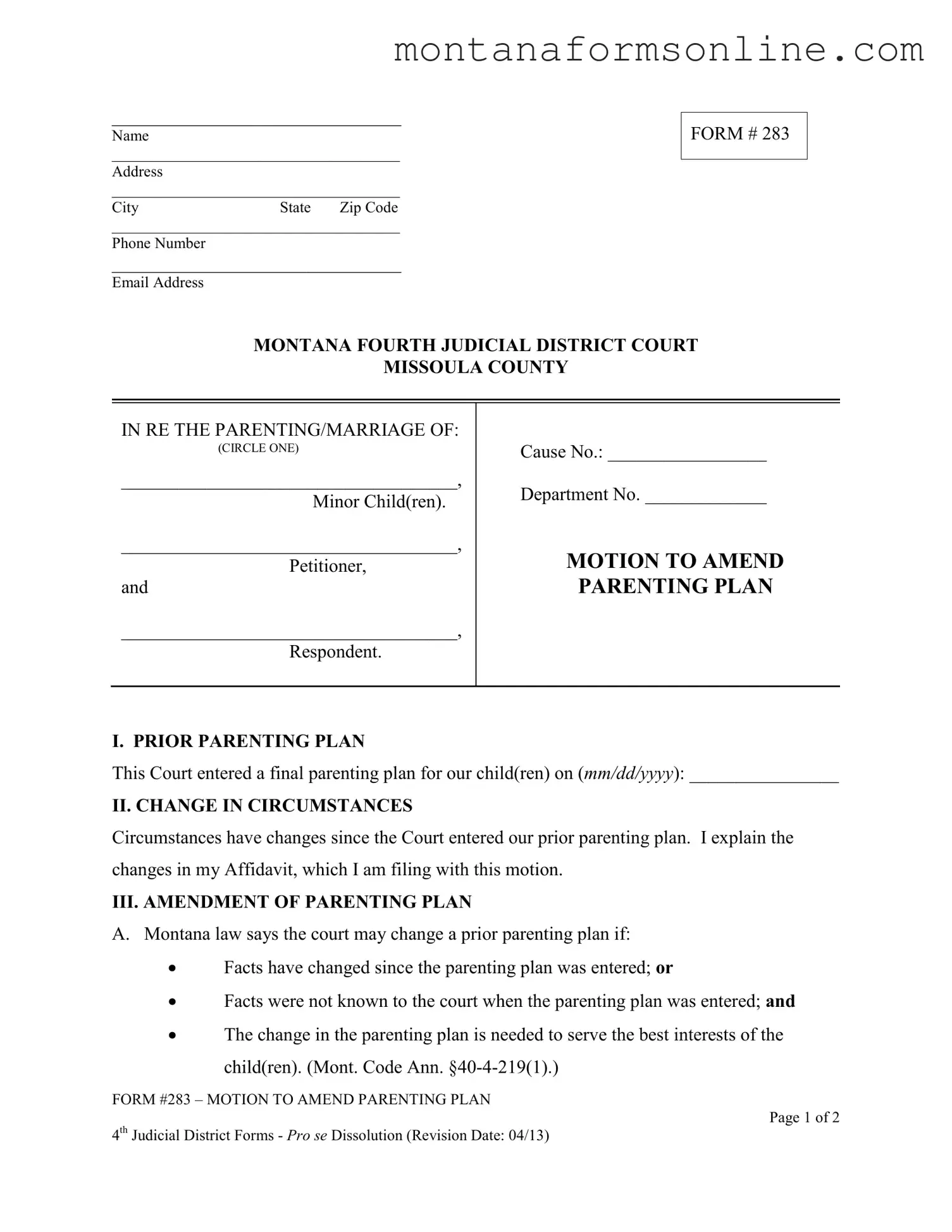Blank Montana 283 Form