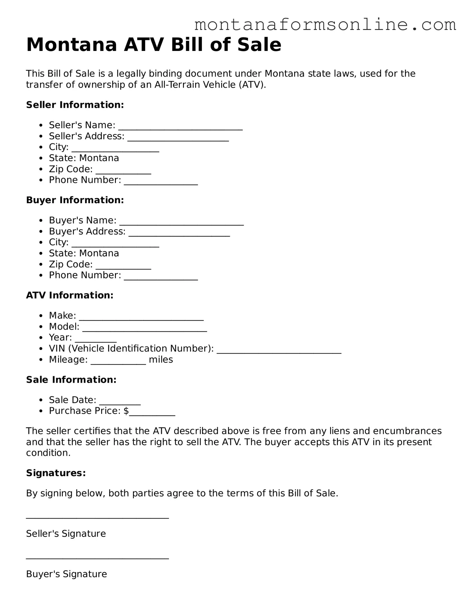 Fillable Montana ATV Bill of Sale Template