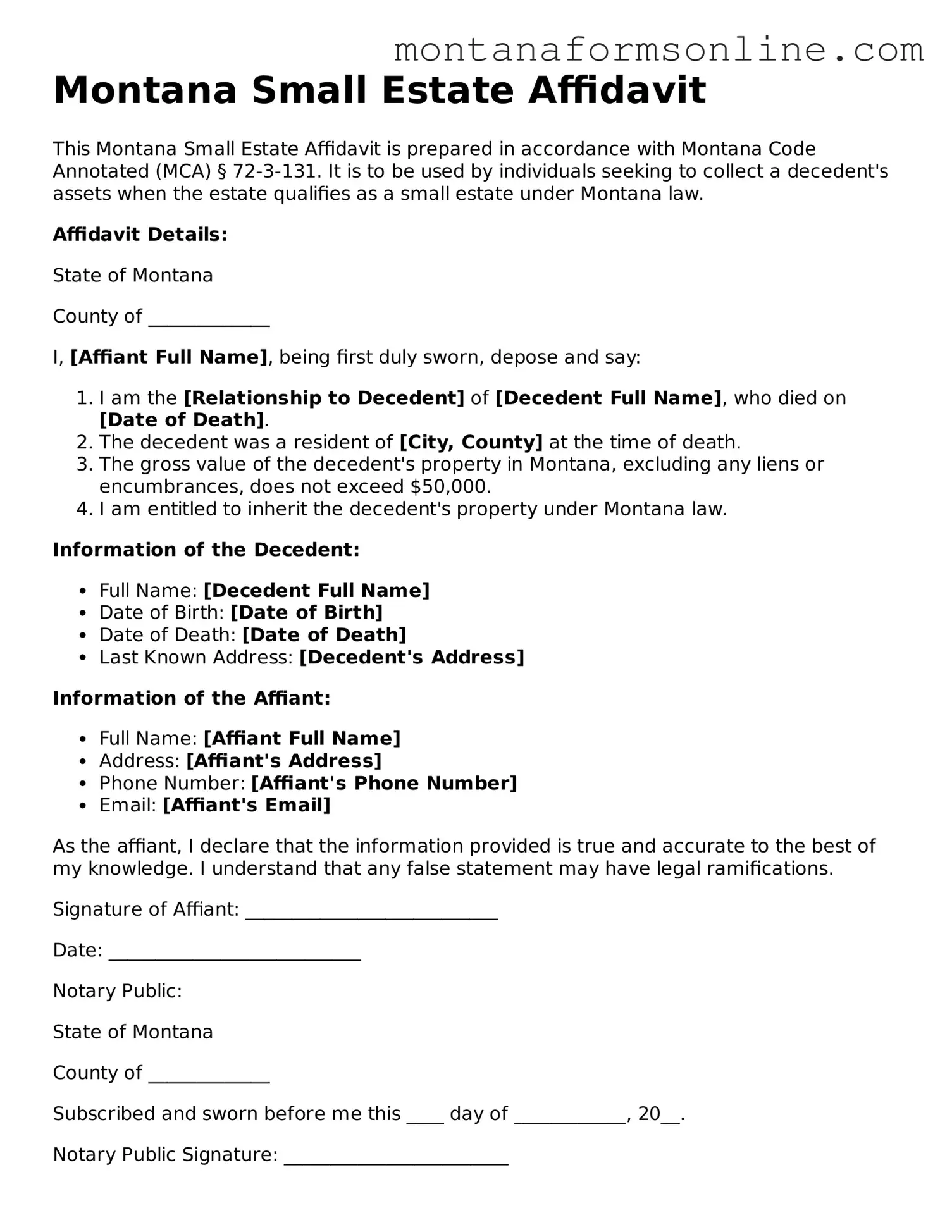 Fillable Montana Small Estate Affidavit Template