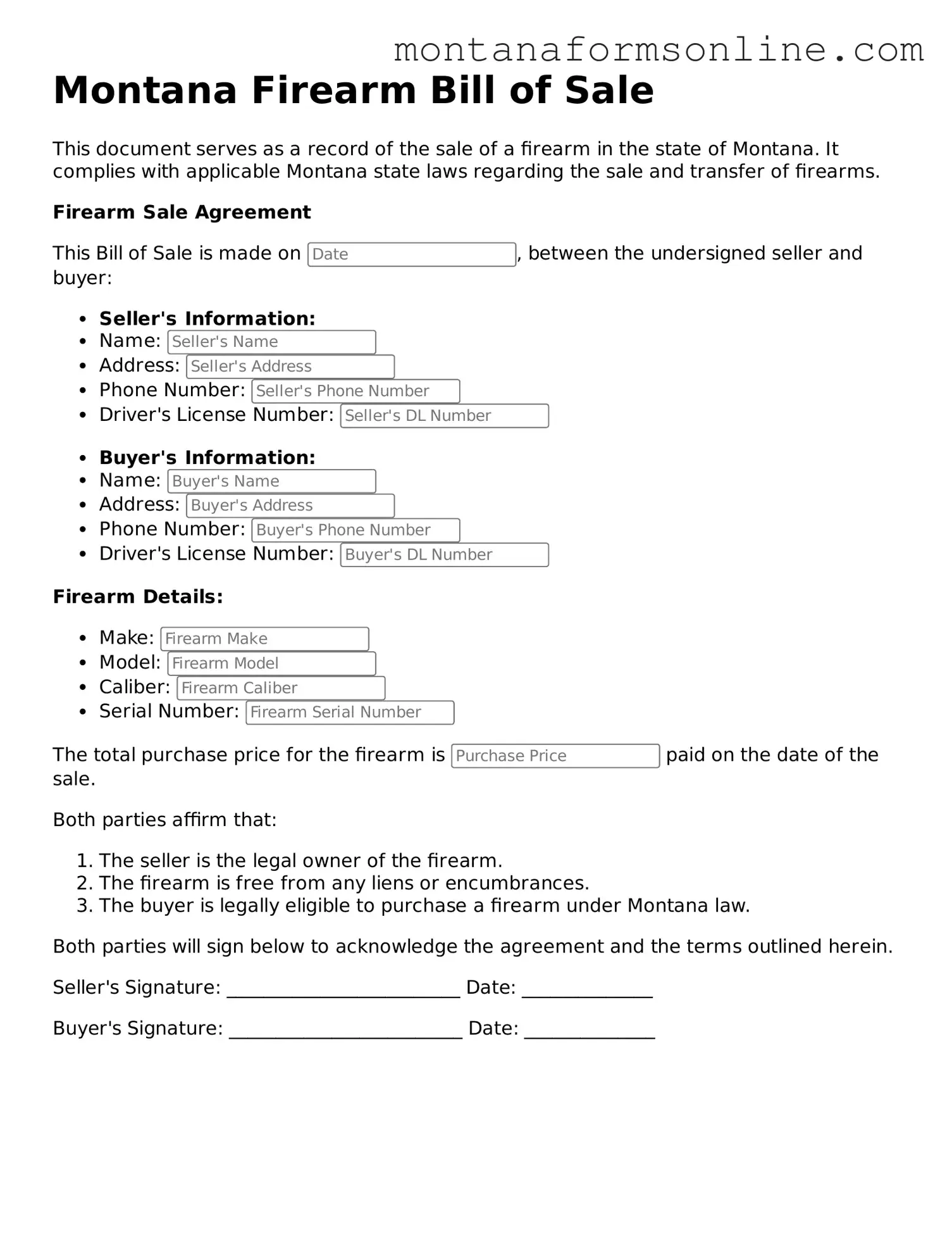 Fillable Montana Firearm Bill of Sale Template