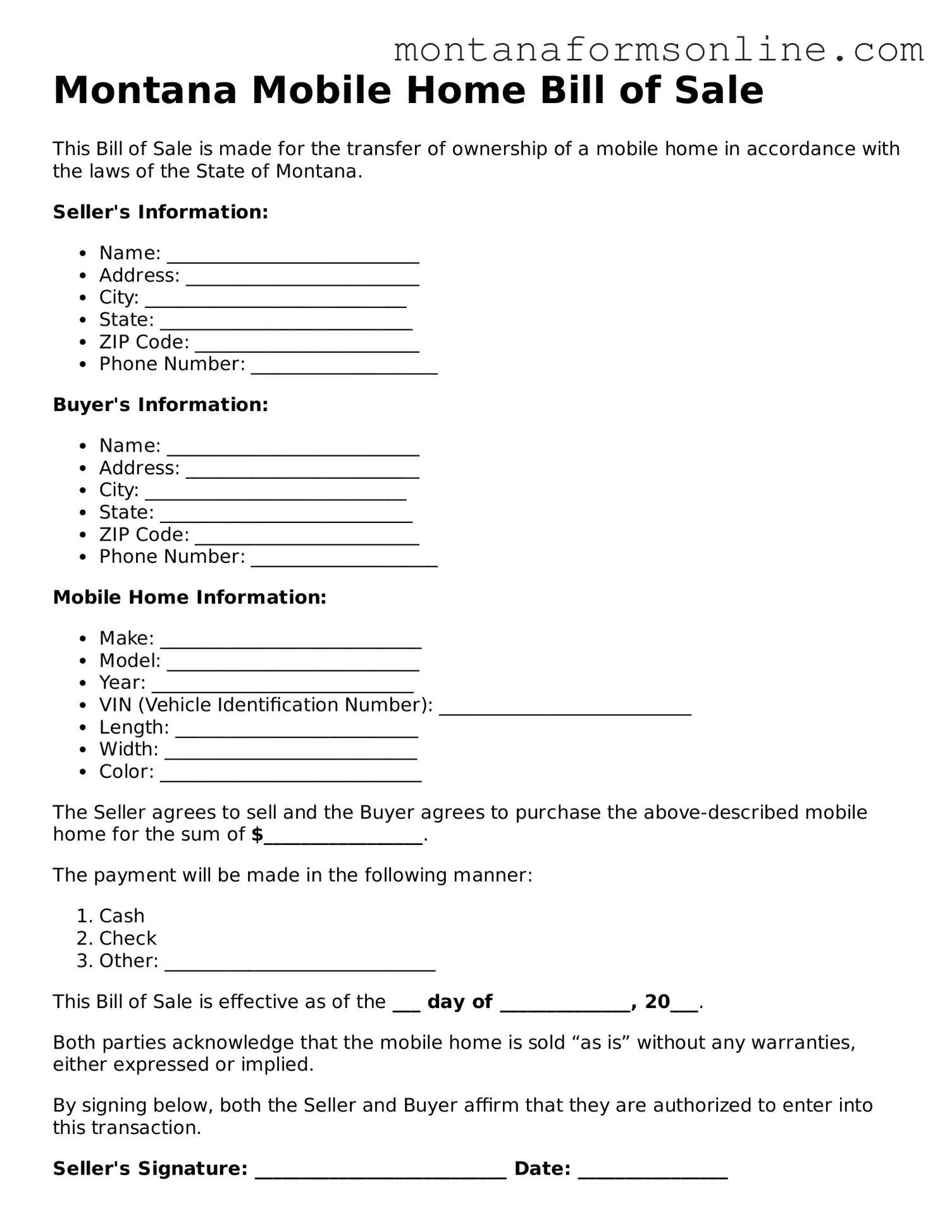 Fillable Montana Mobile Home Bill of Sale Template