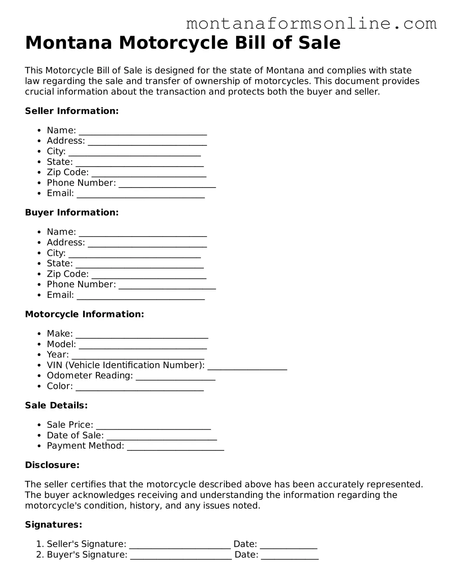 Fillable Montana Motorcycle Bill of Sale Template