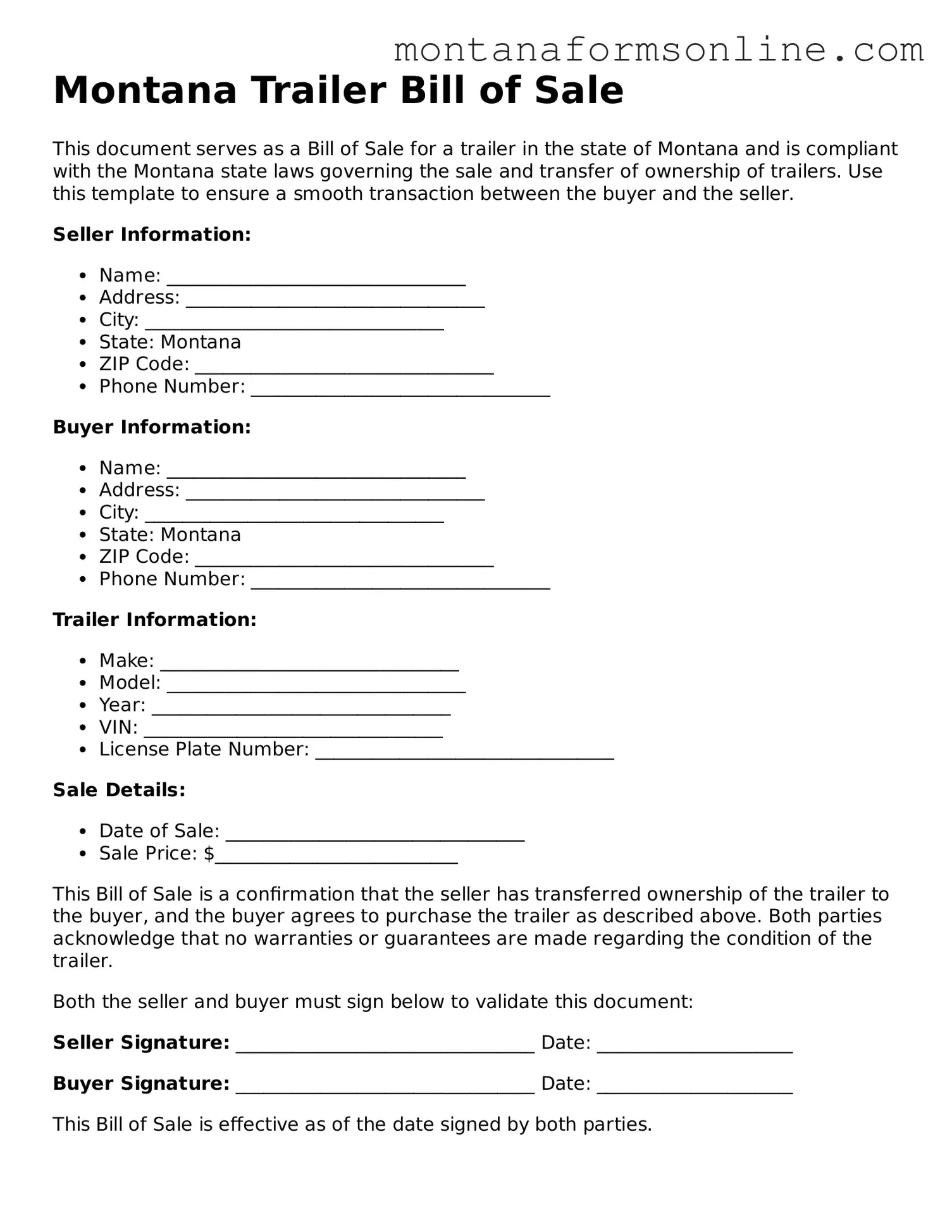Fillable Montana Trailer Bill of Sale Template