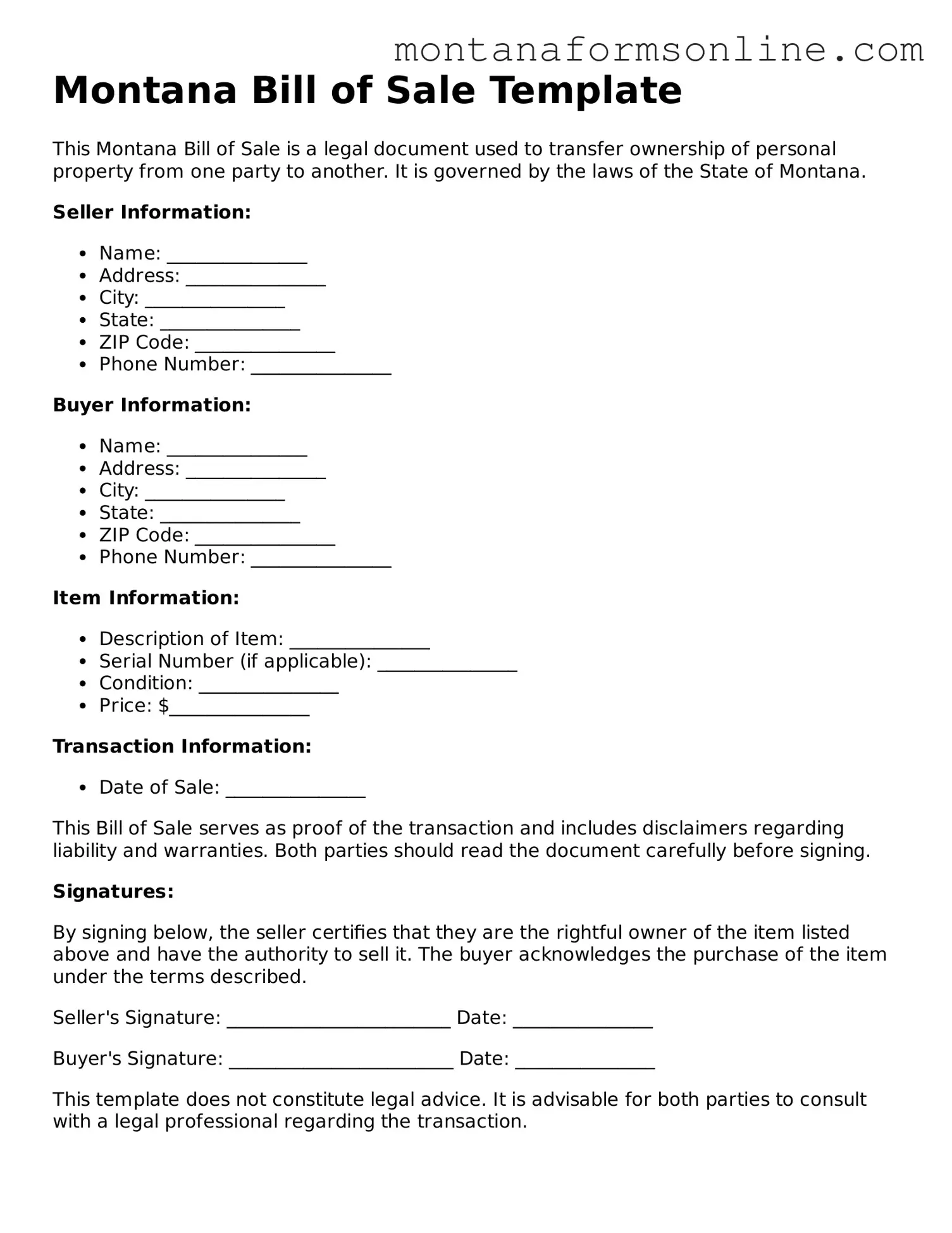 Fillable Montana Bill of Sale Template