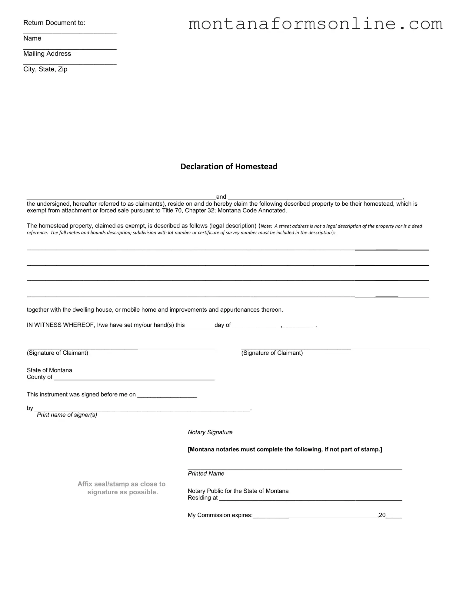 Blank Montana Declaration Homestead Form