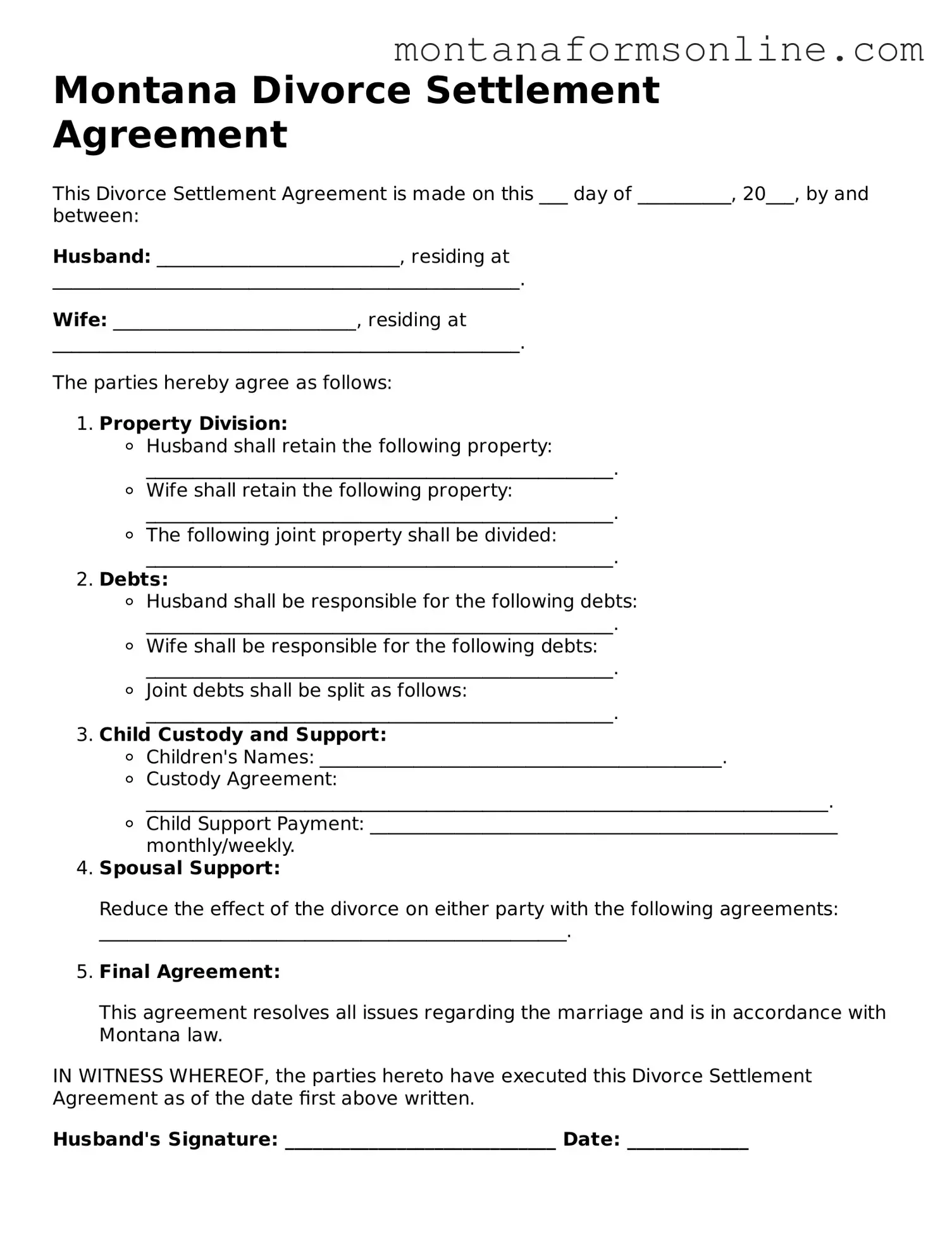 Fillable Montana Divorce Settlement Agreement Template