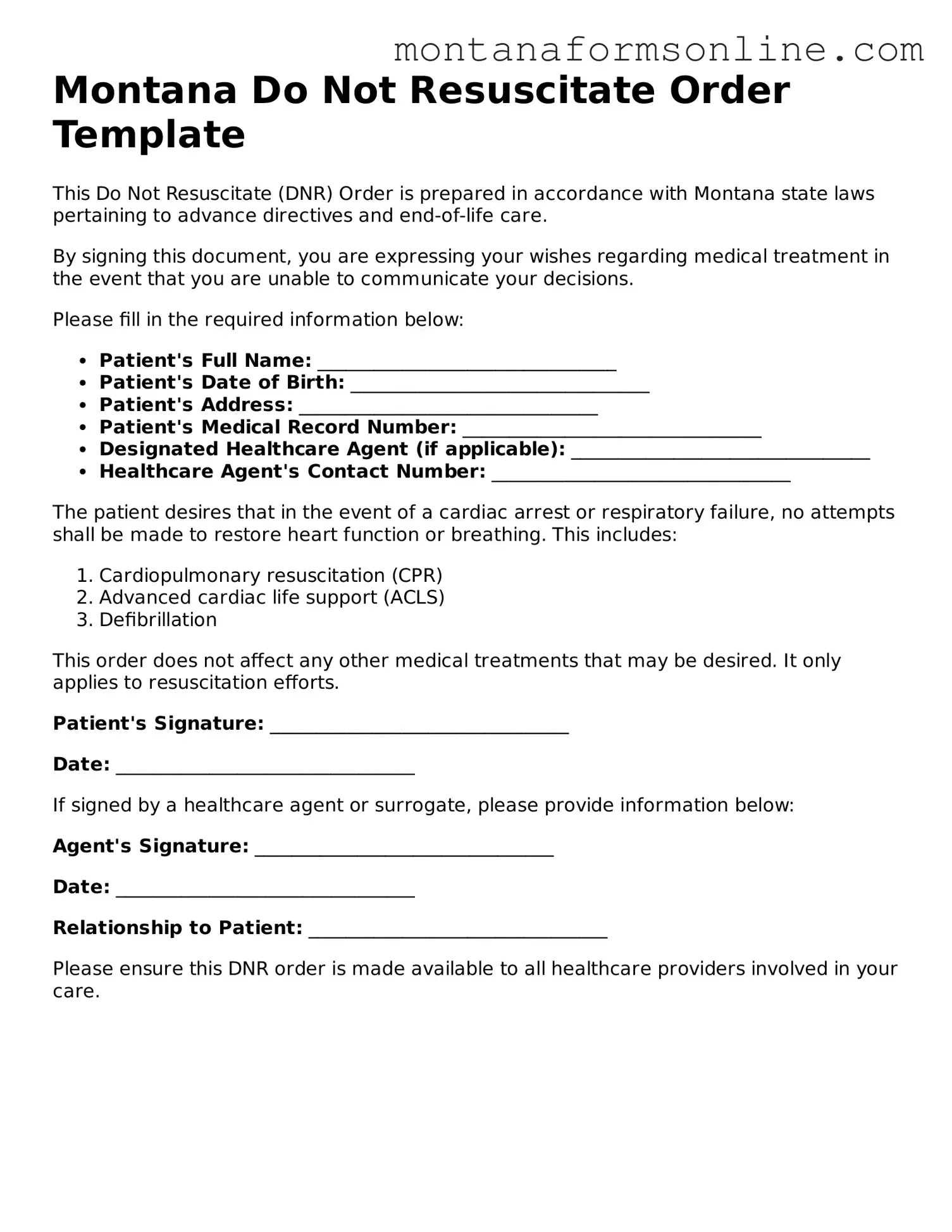 Fillable Montana Do Not Resuscitate Order Template