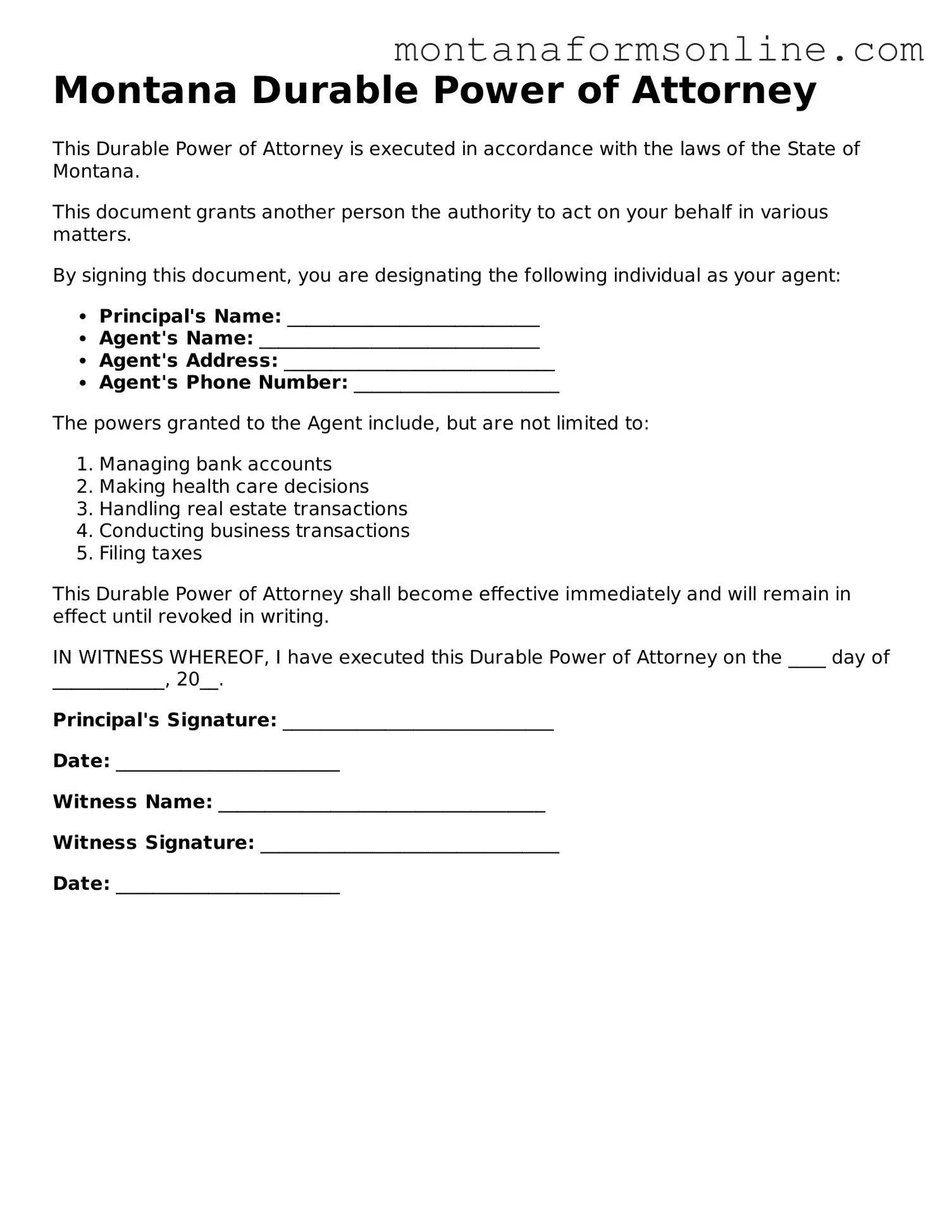 Fillable Montana Durable Power of Attorney Template