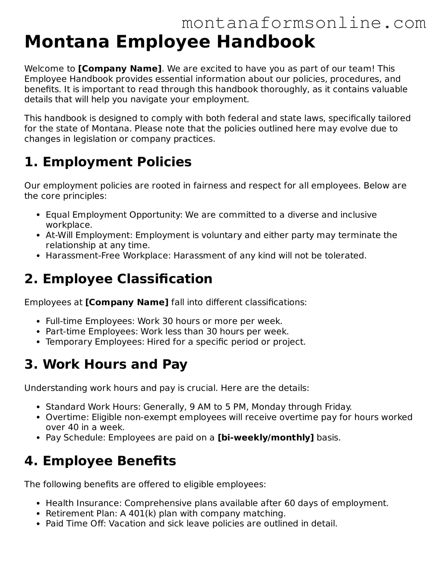 Fillable Montana Employee Handbook Template