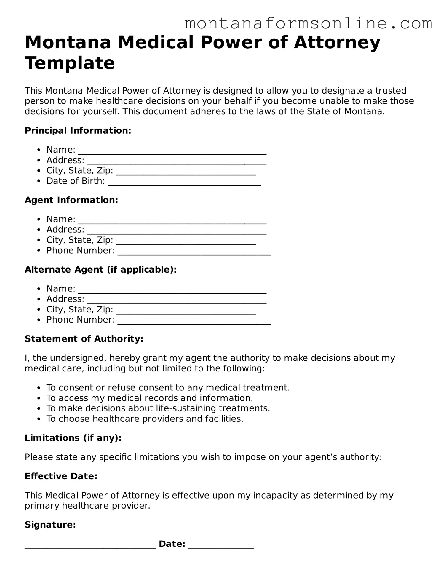Fillable Montana Medical Power of Attorney Template