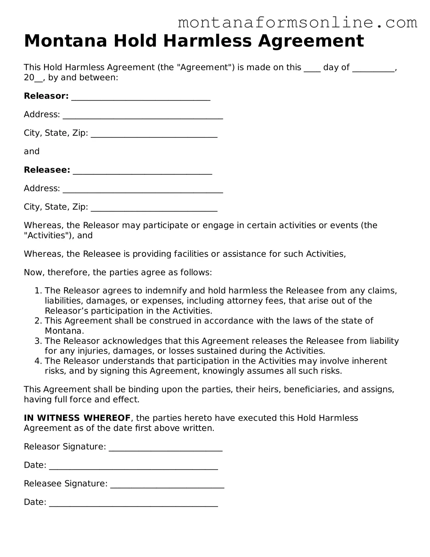Fillable Montana Hold Harmless Agreement Template