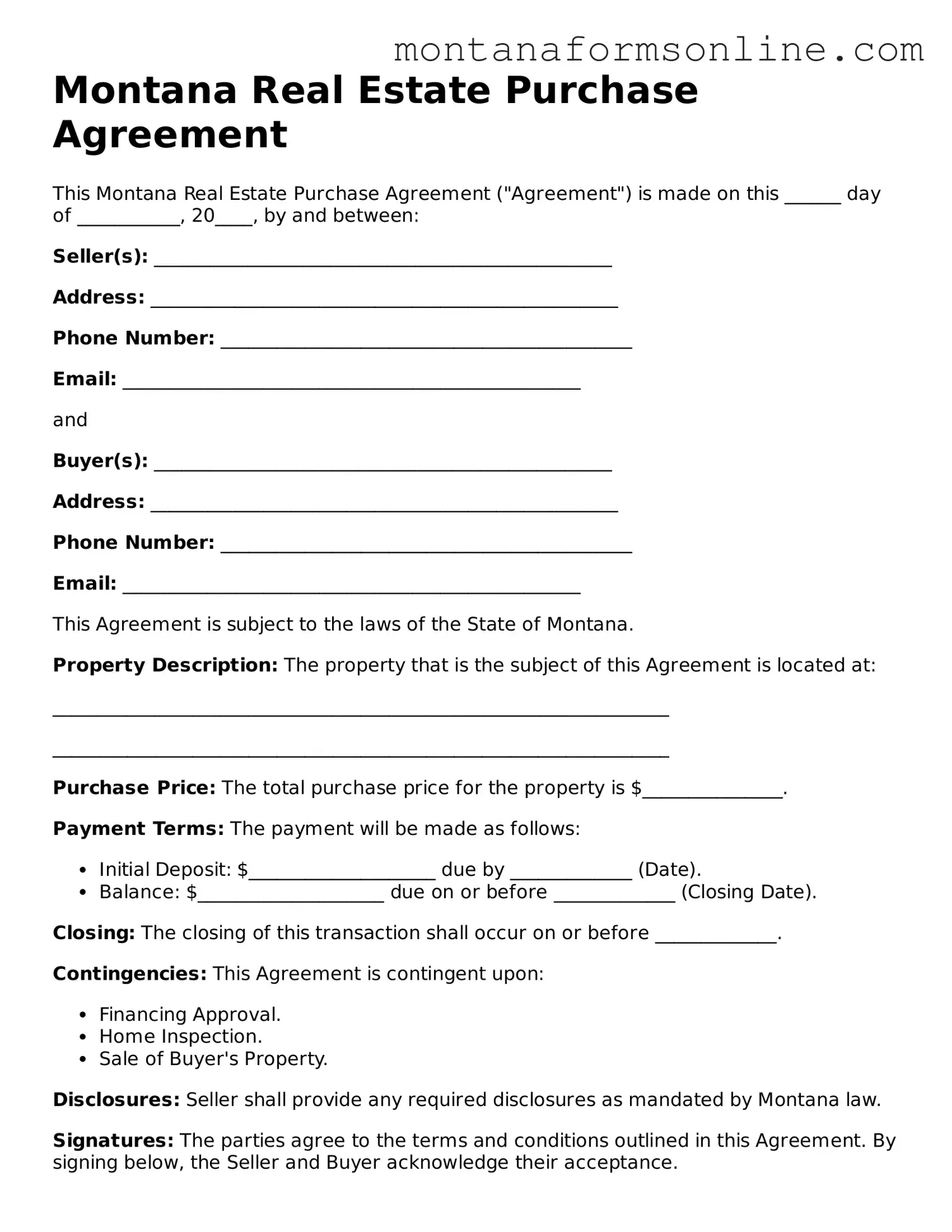 Fillable Montana Real Estate Purchase Agreement Template