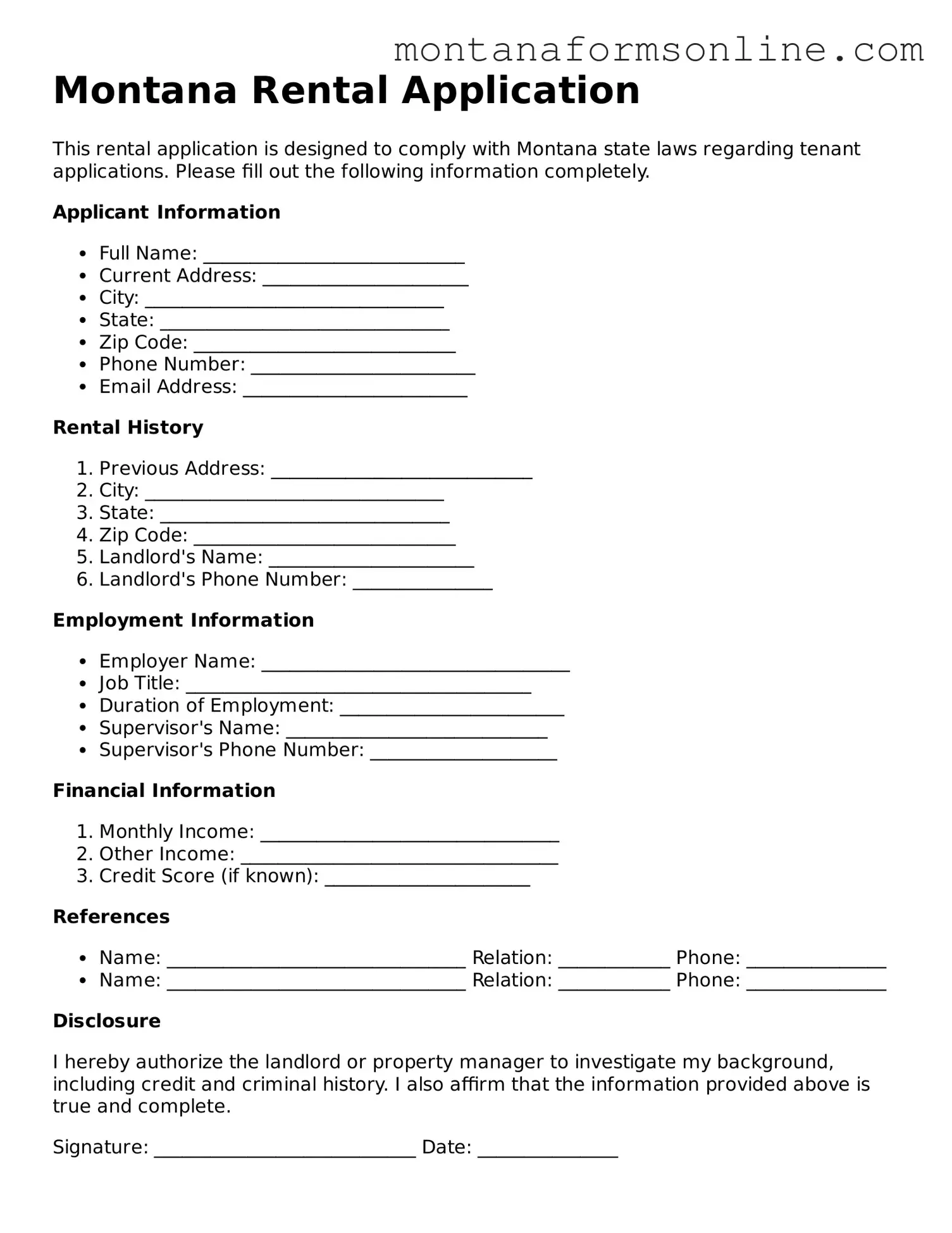 Fillable Montana Rental Application Template