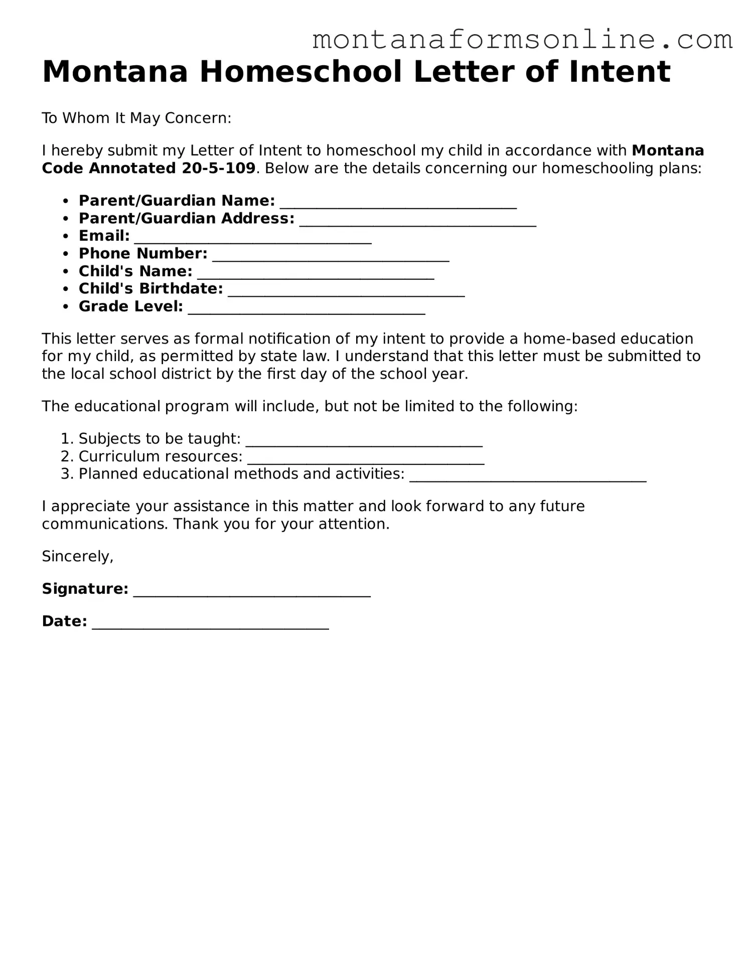 Fillable Montana Homeschool Letter of Intent Template