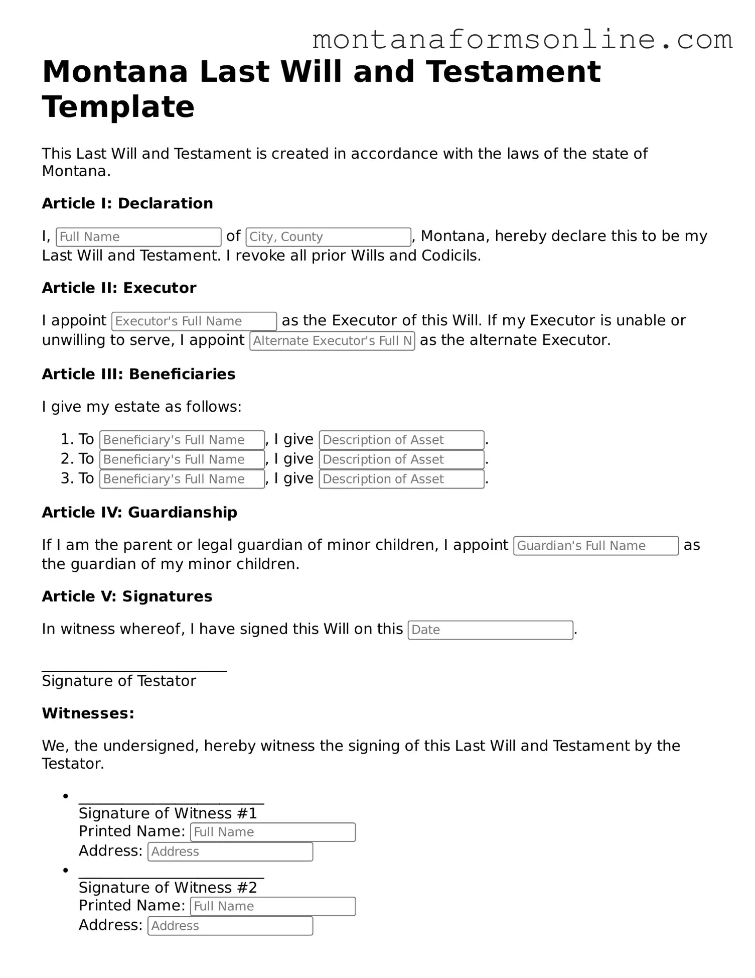 Fillable Montana Last Will and Testament Template