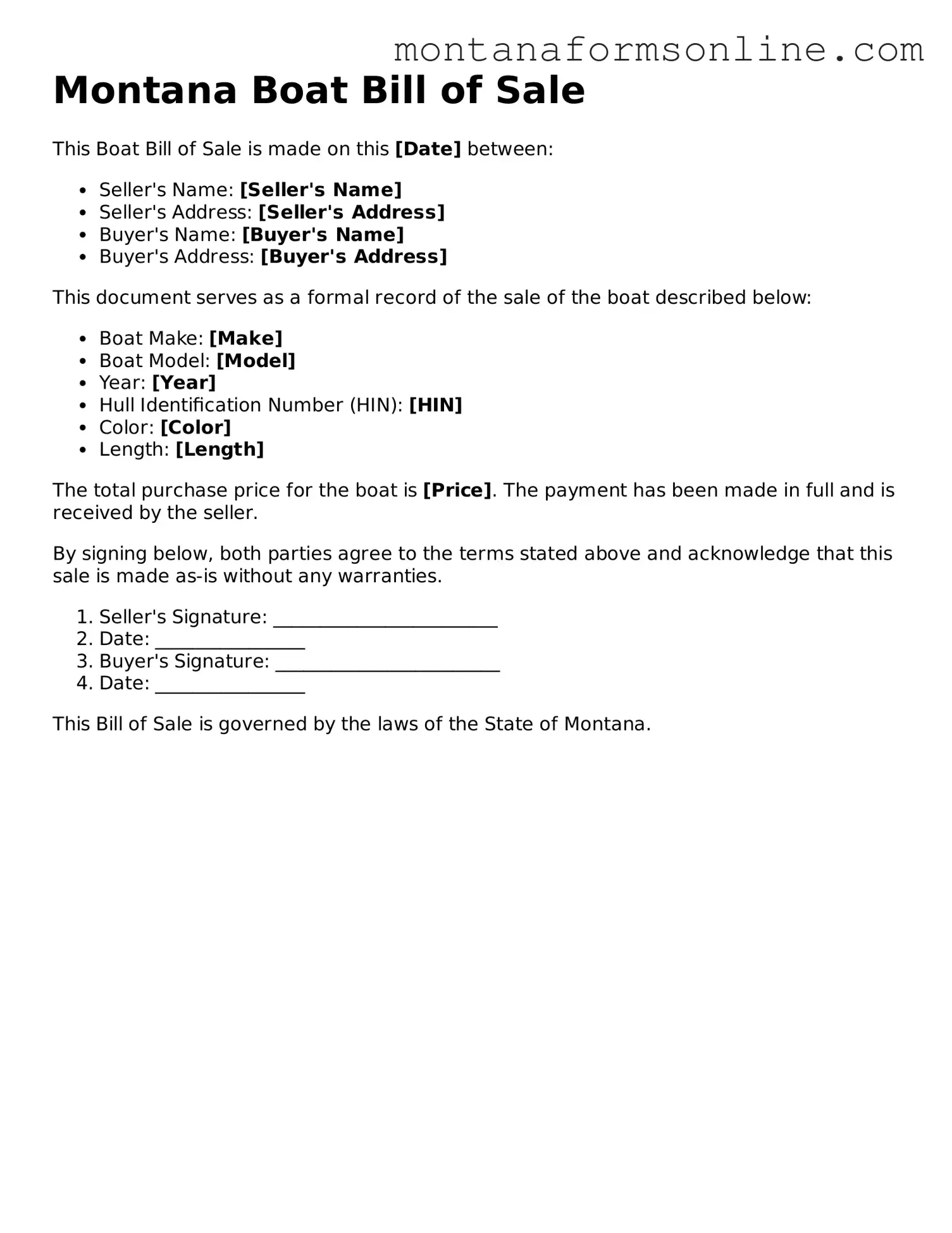 Fillable Montana Boat Bill of Sale Template