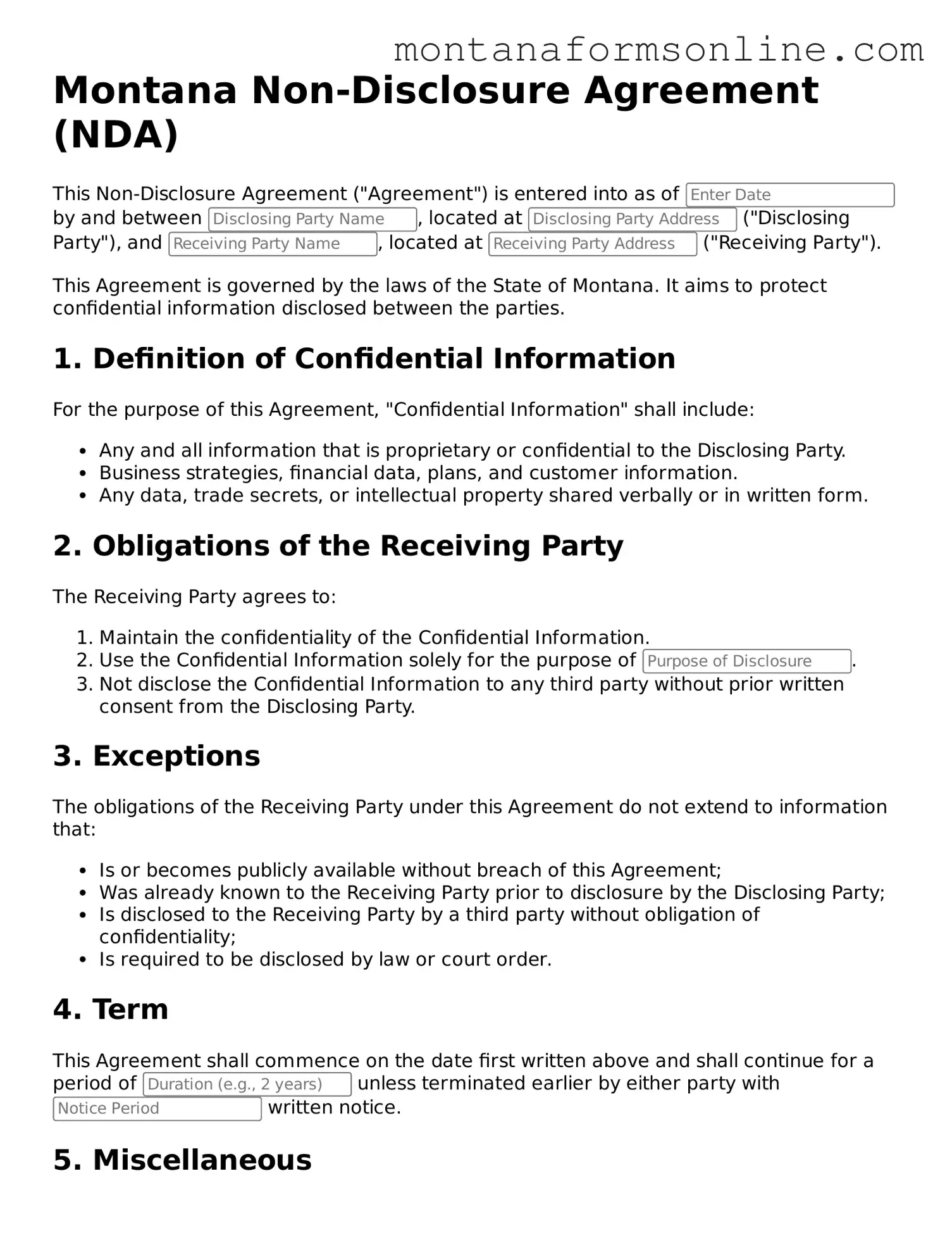 Fillable Montana Non-disclosure Agreement Template