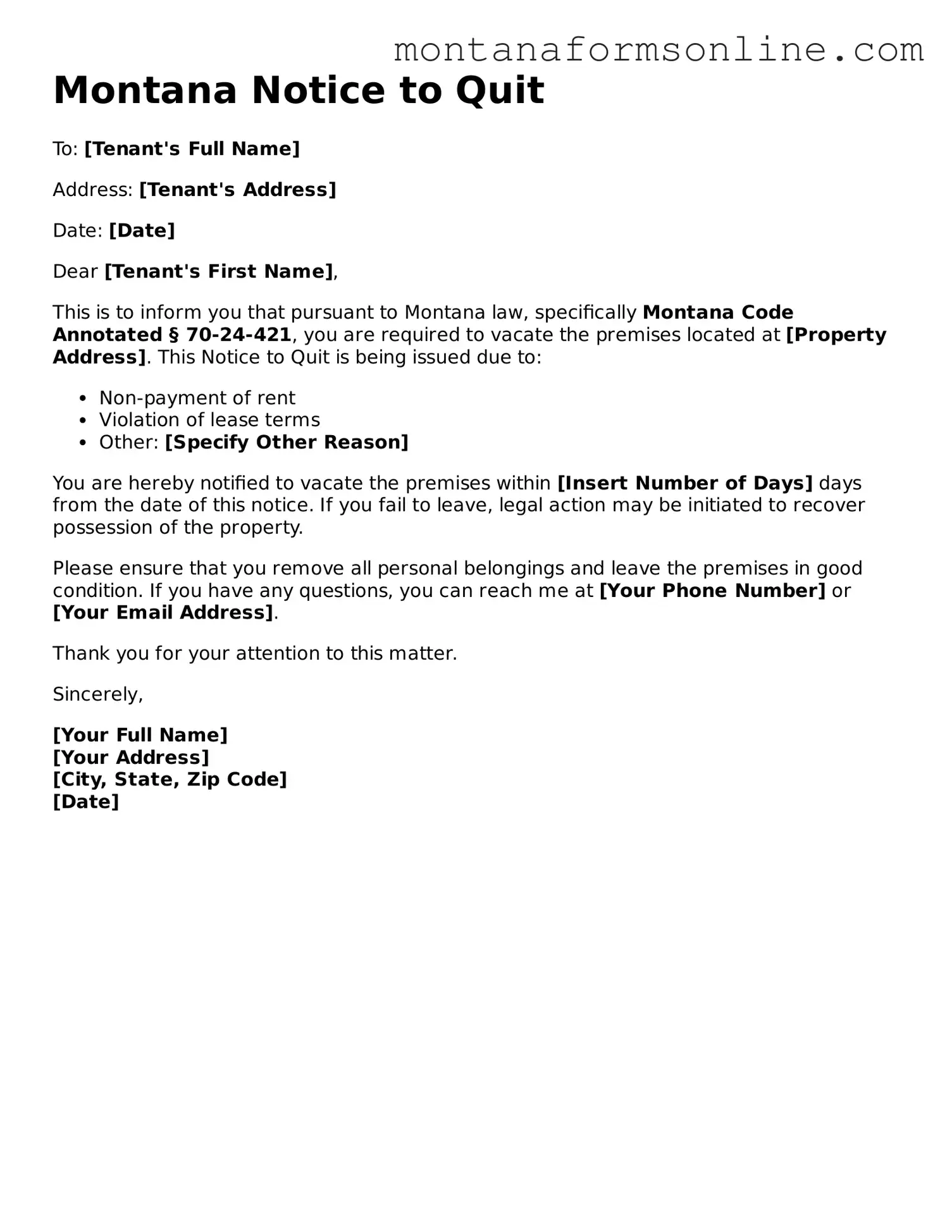 Fillable Montana Notice to Quit Template