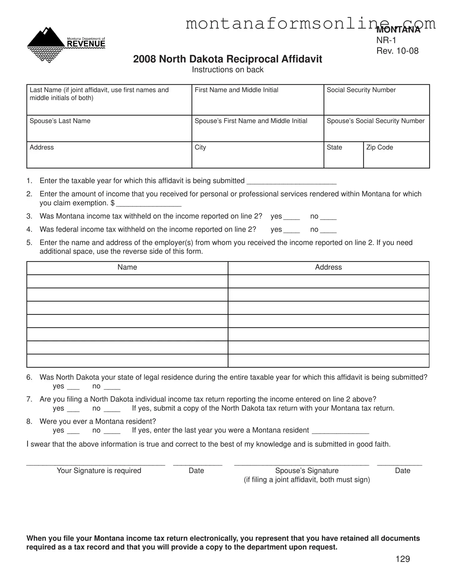 Blank Montana Nr 1 Form