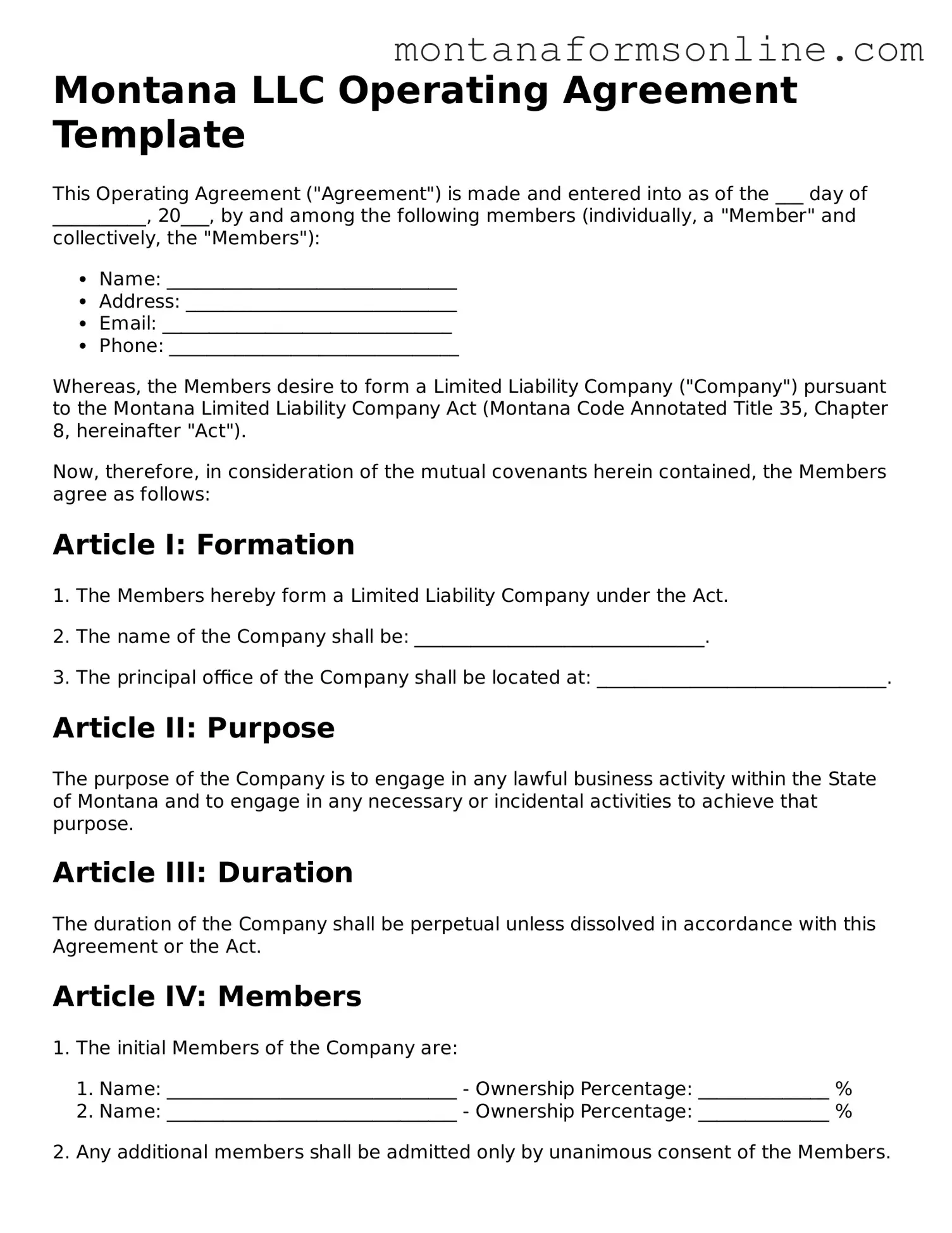 Fillable Montana Operating Agreement Template