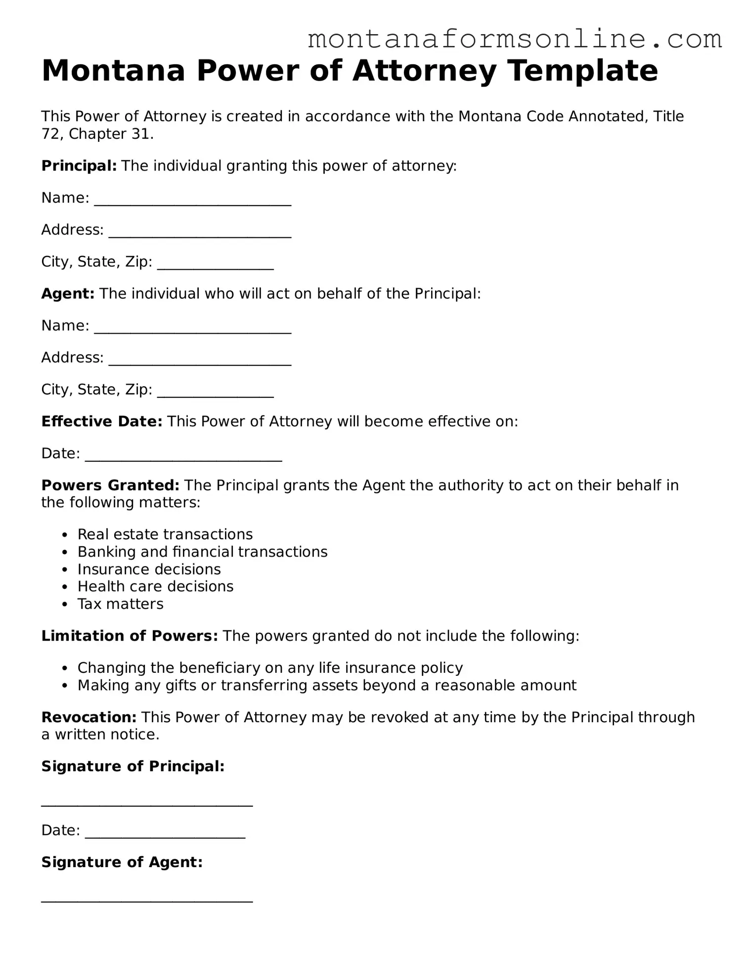 Fillable Montana Power of Attorney Template