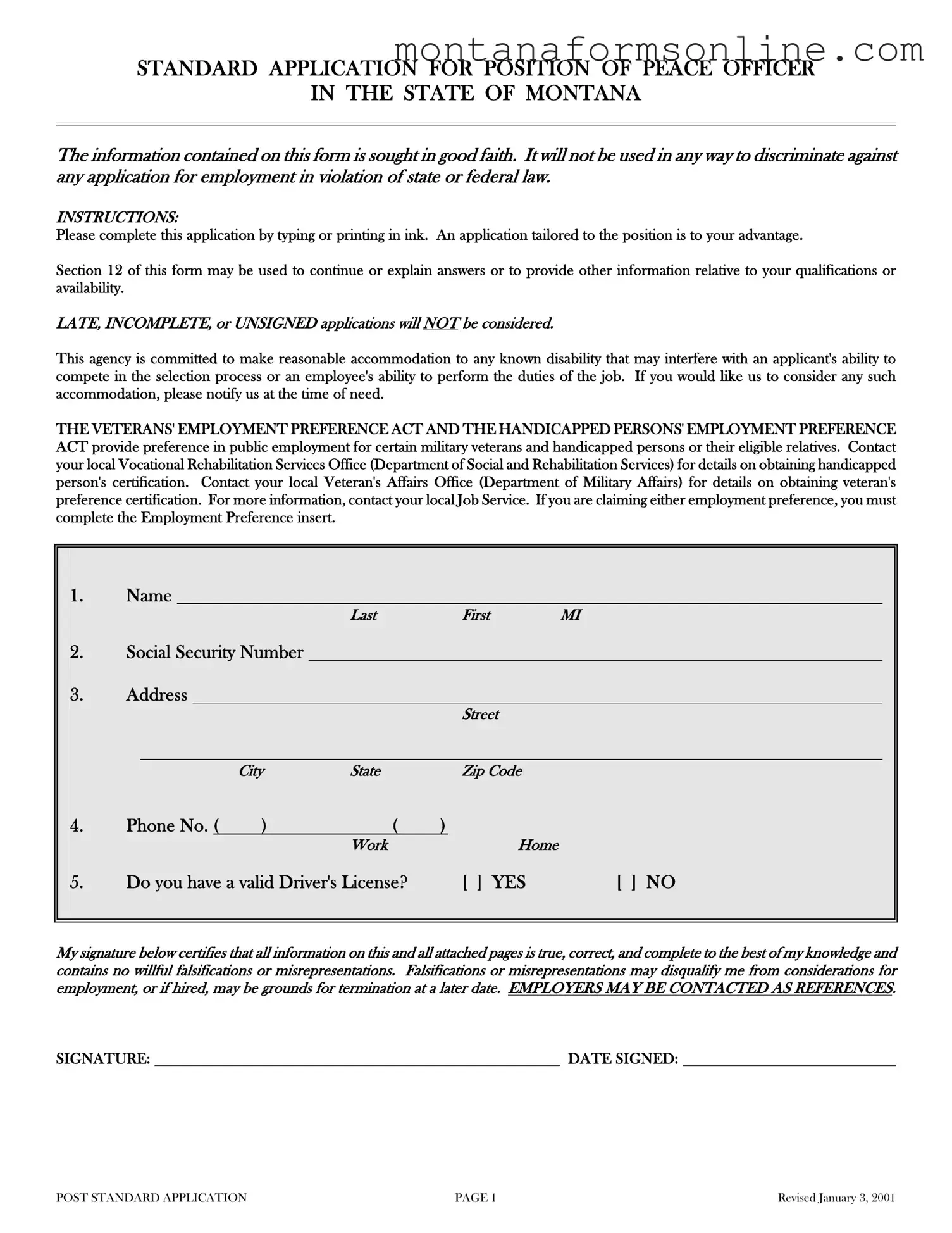 Blank Montana Post Standard Application Form
