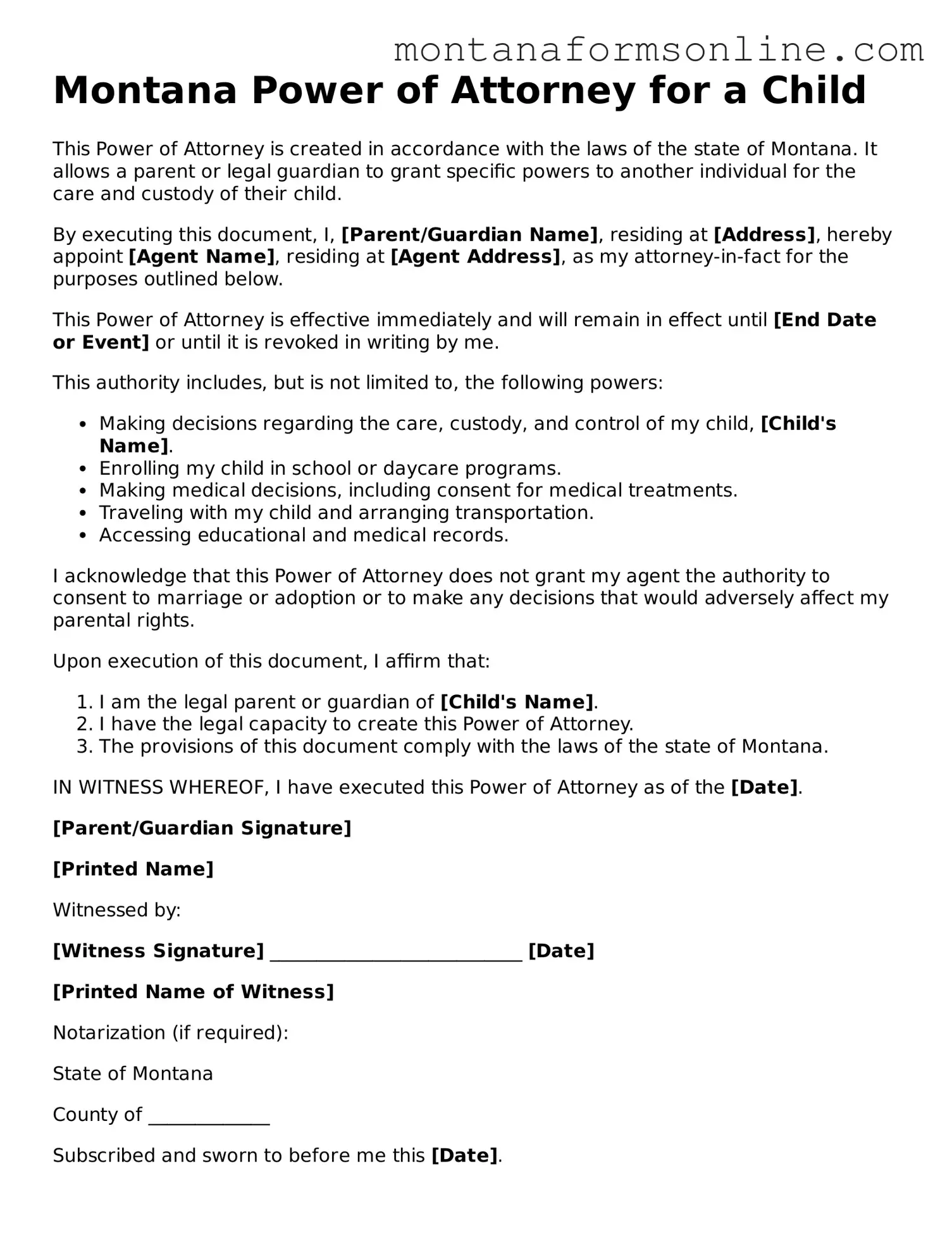Fillable Montana Power of Attorney for a Child Template