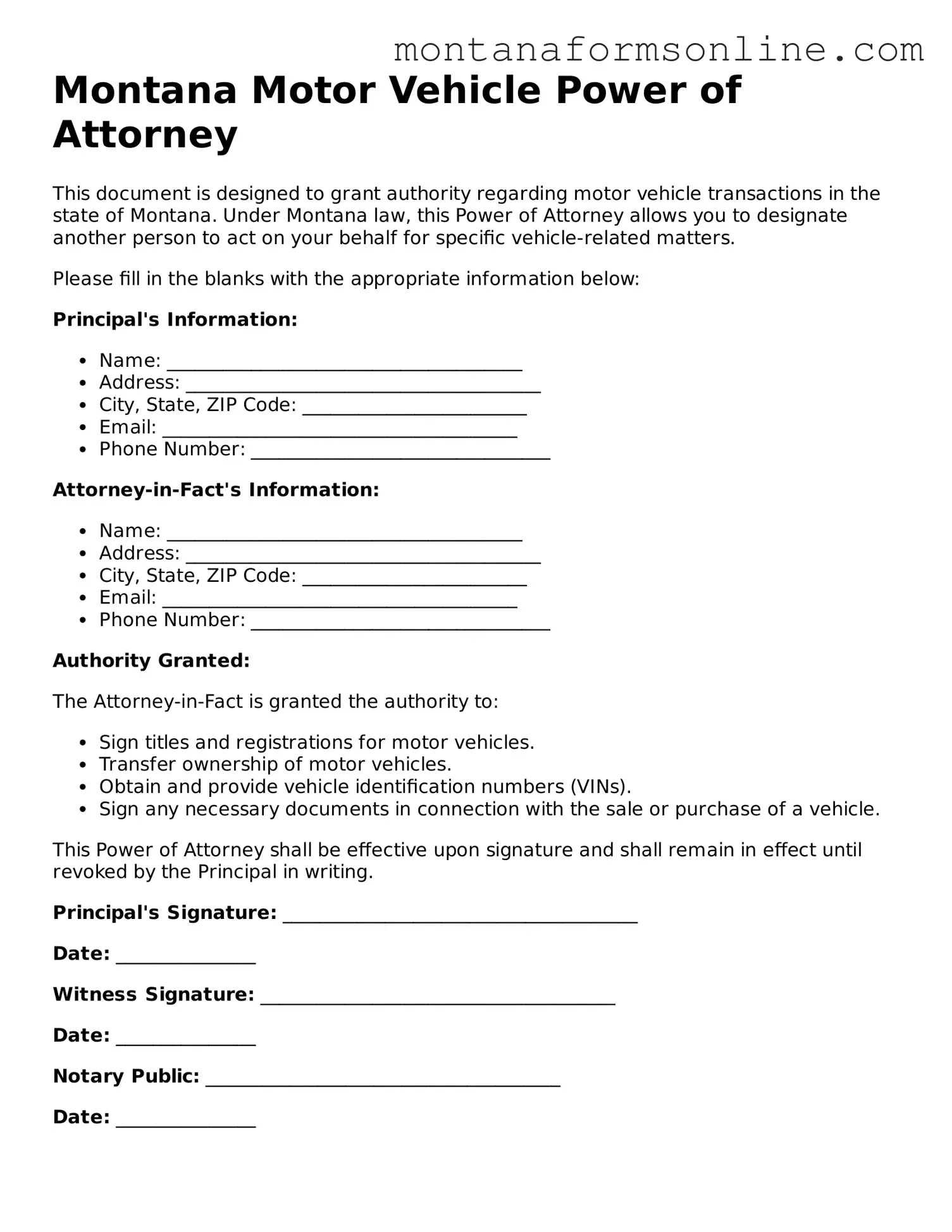 Fillable Montana Motor Vehicle Power of Attorney Template