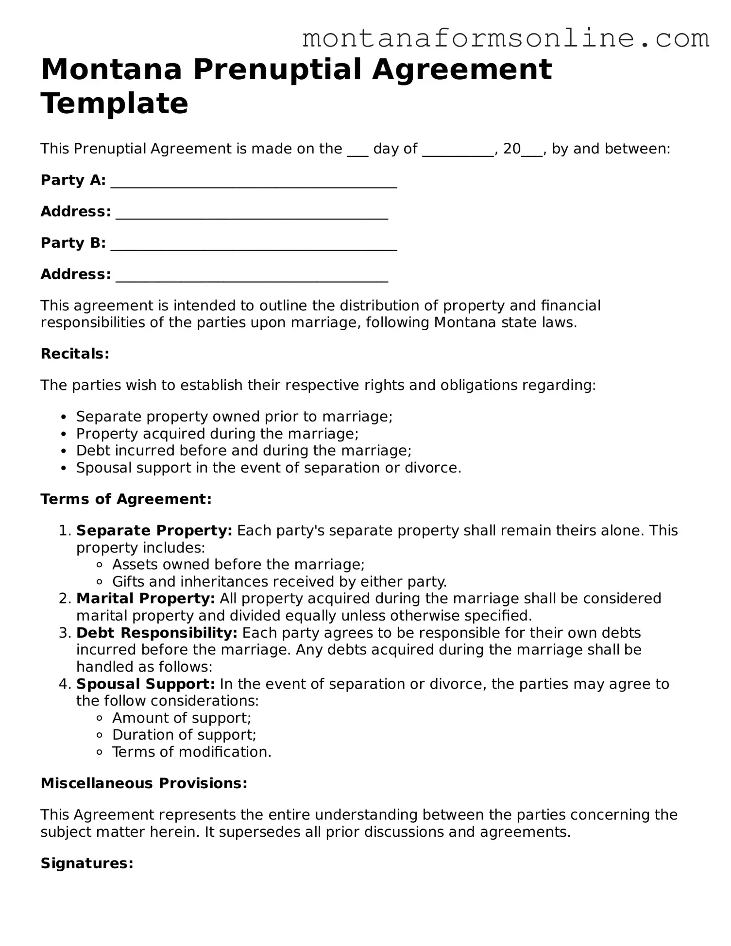 Fillable Montana Prenuptial Agreement Template