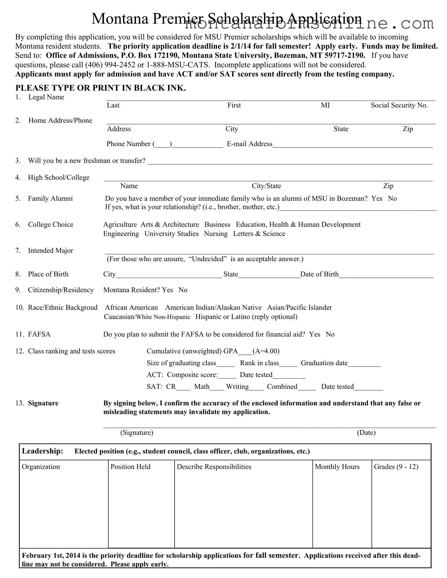 Blank Montana Premier Scholarship Form