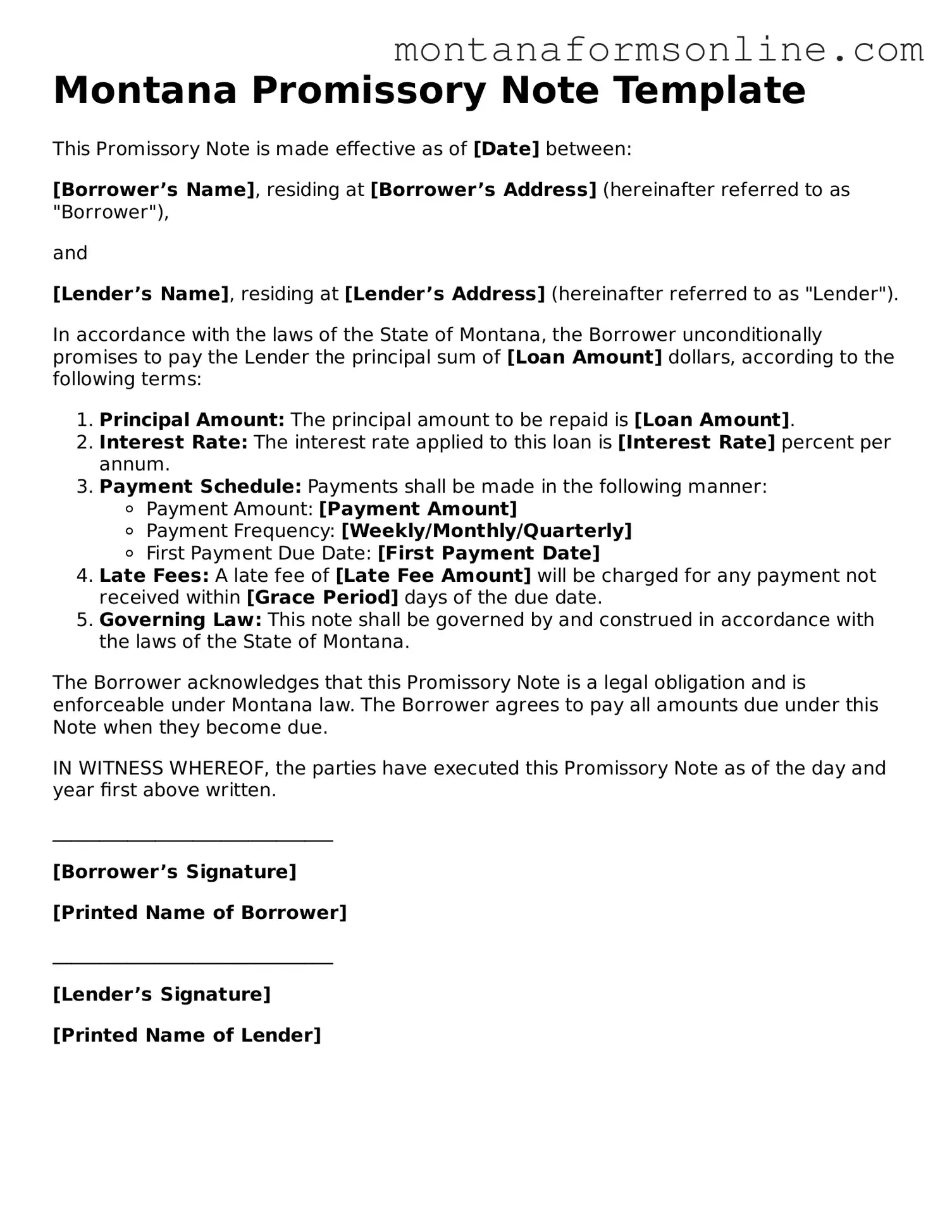 Fillable Montana Promissory Note Template