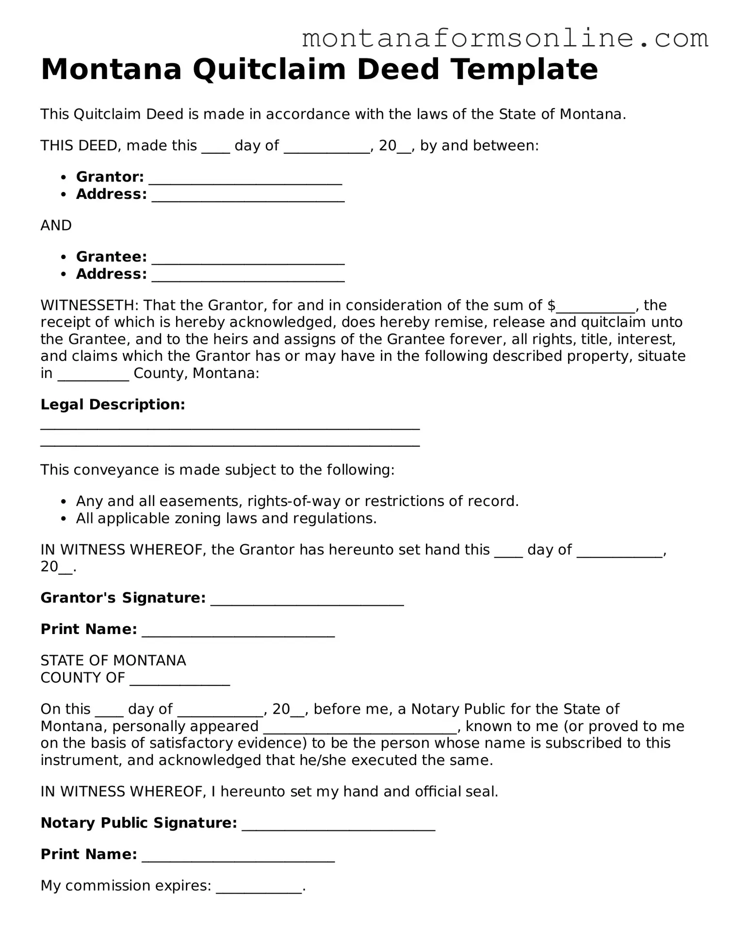 Fillable Montana Quitclaim Deed Template