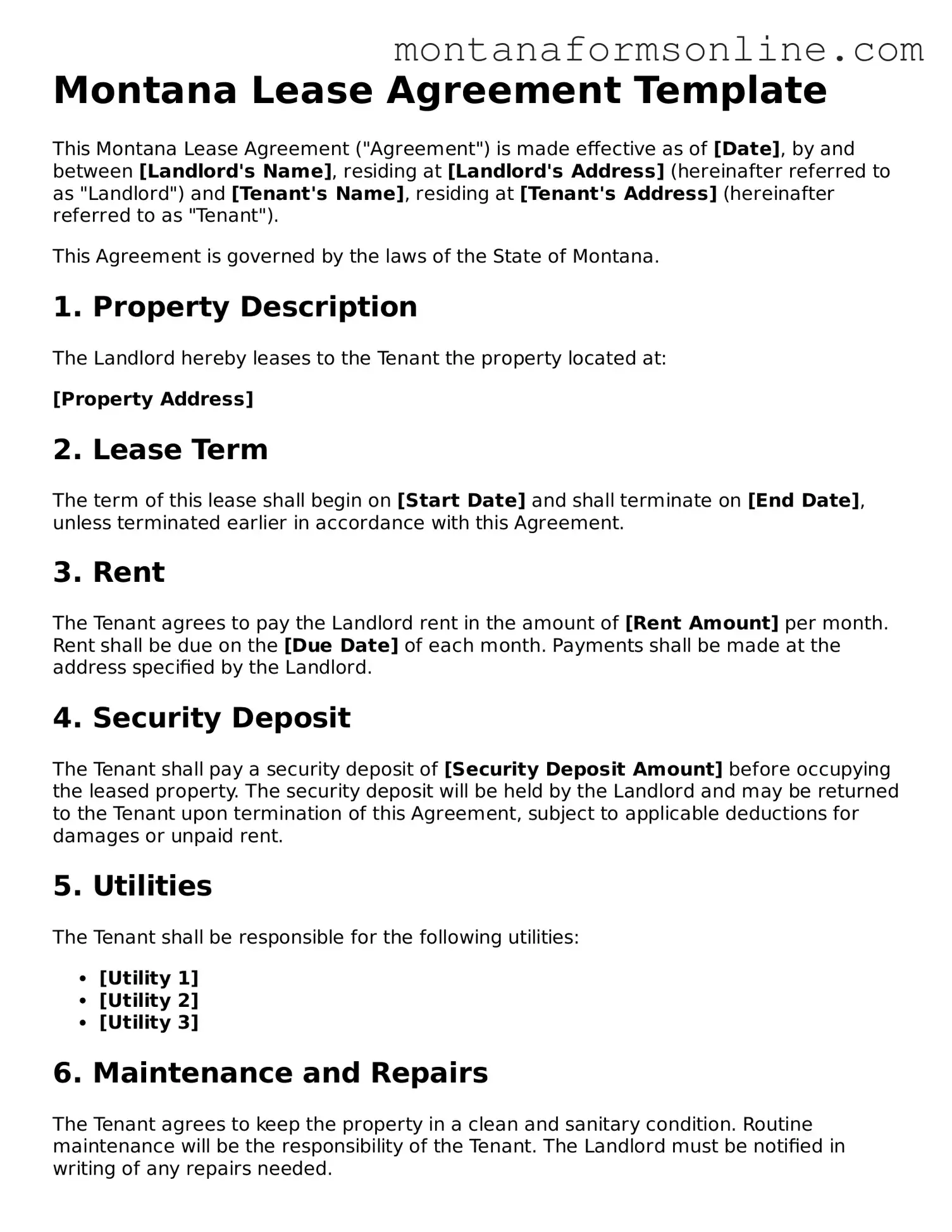 Fillable Montana Lease Agreement Template