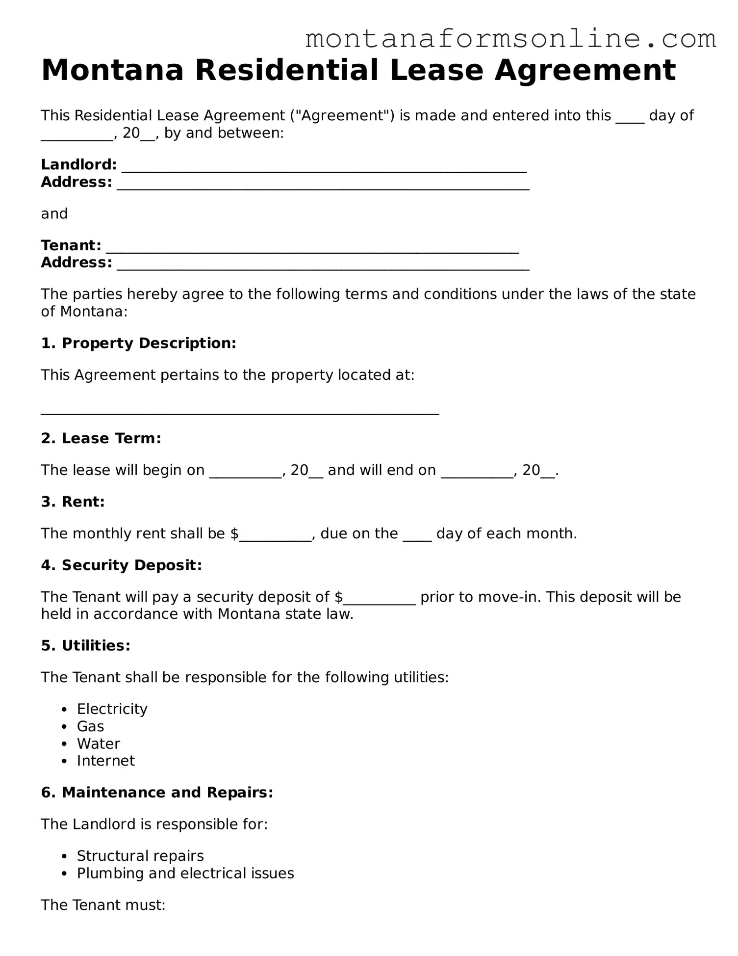 Fillable Montana Residential Lease Agreement Template