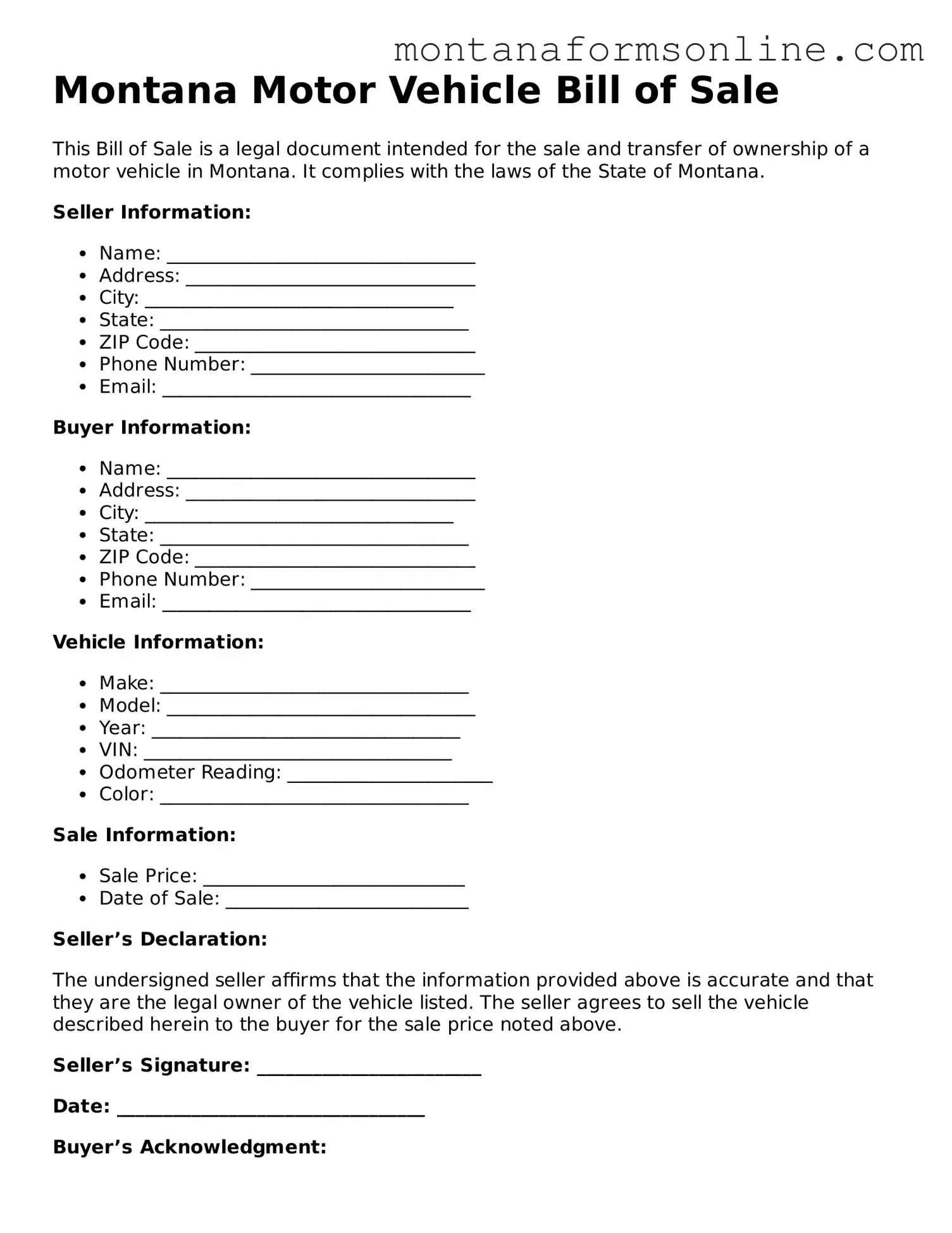 Fillable Montana Motor Vehicle Bill of Sale Template