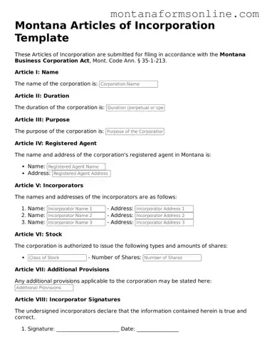 Fillable Montana Articles of Incorporation Template