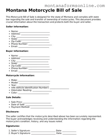 Fillable Montana Motorcycle Bill of Sale Template