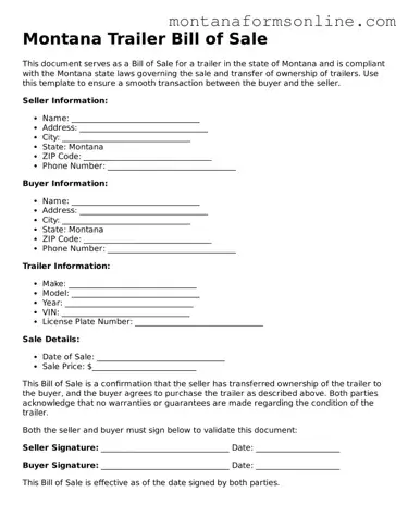 Fillable Montana Trailer Bill of Sale Template