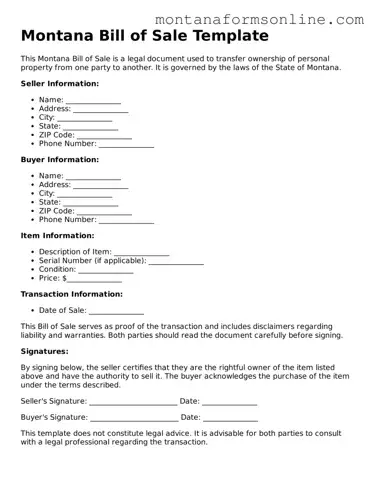 Fillable Montana Bill of Sale Template