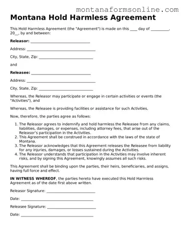 Fillable Montana Hold Harmless Agreement Template