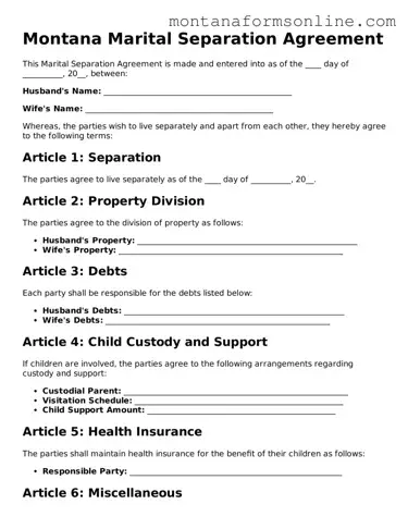Fillable Montana Marital Separation Agreement Template