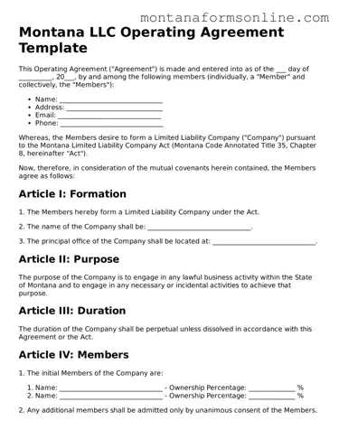 Fillable Montana Operating Agreement Template