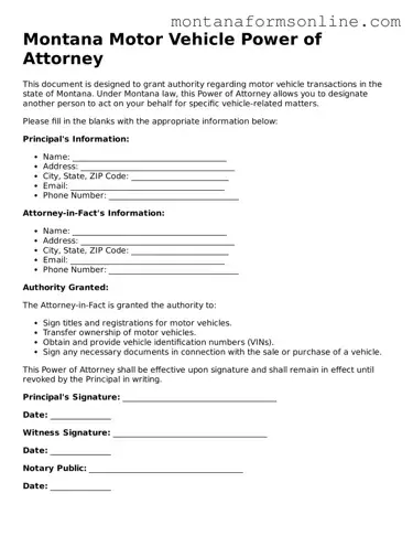 Fillable Montana Motor Vehicle Power of Attorney Template