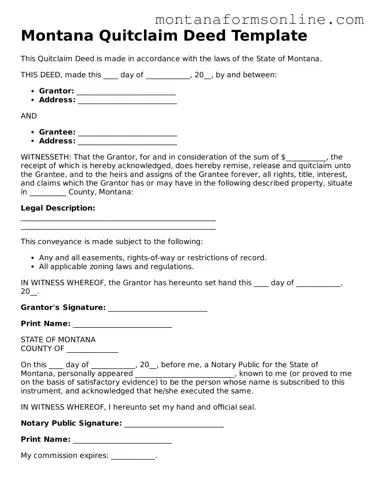 Fillable Montana Quitclaim Deed Template